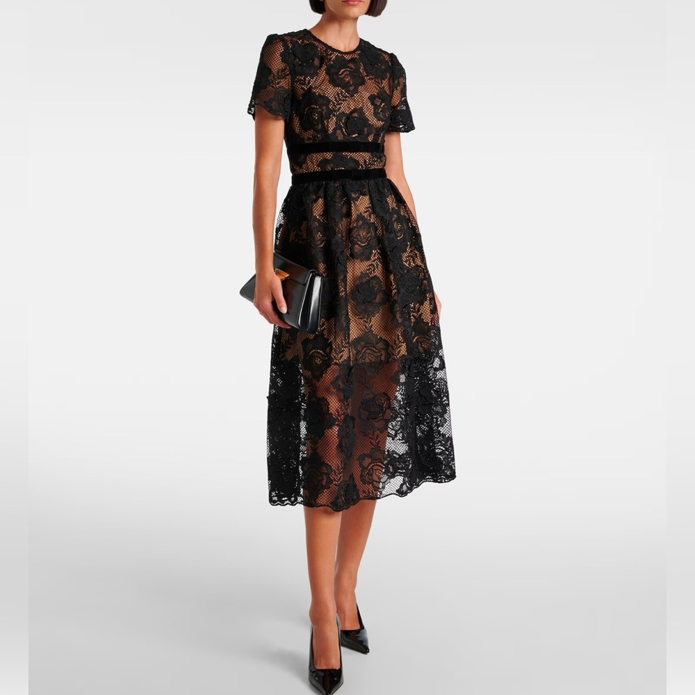 Self-Portrait Black and Cream A-Line Midi Dress